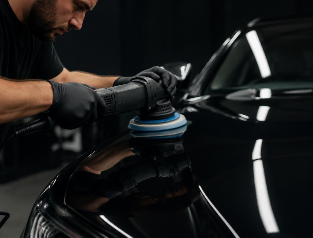 Detailer machine-polishing a black car